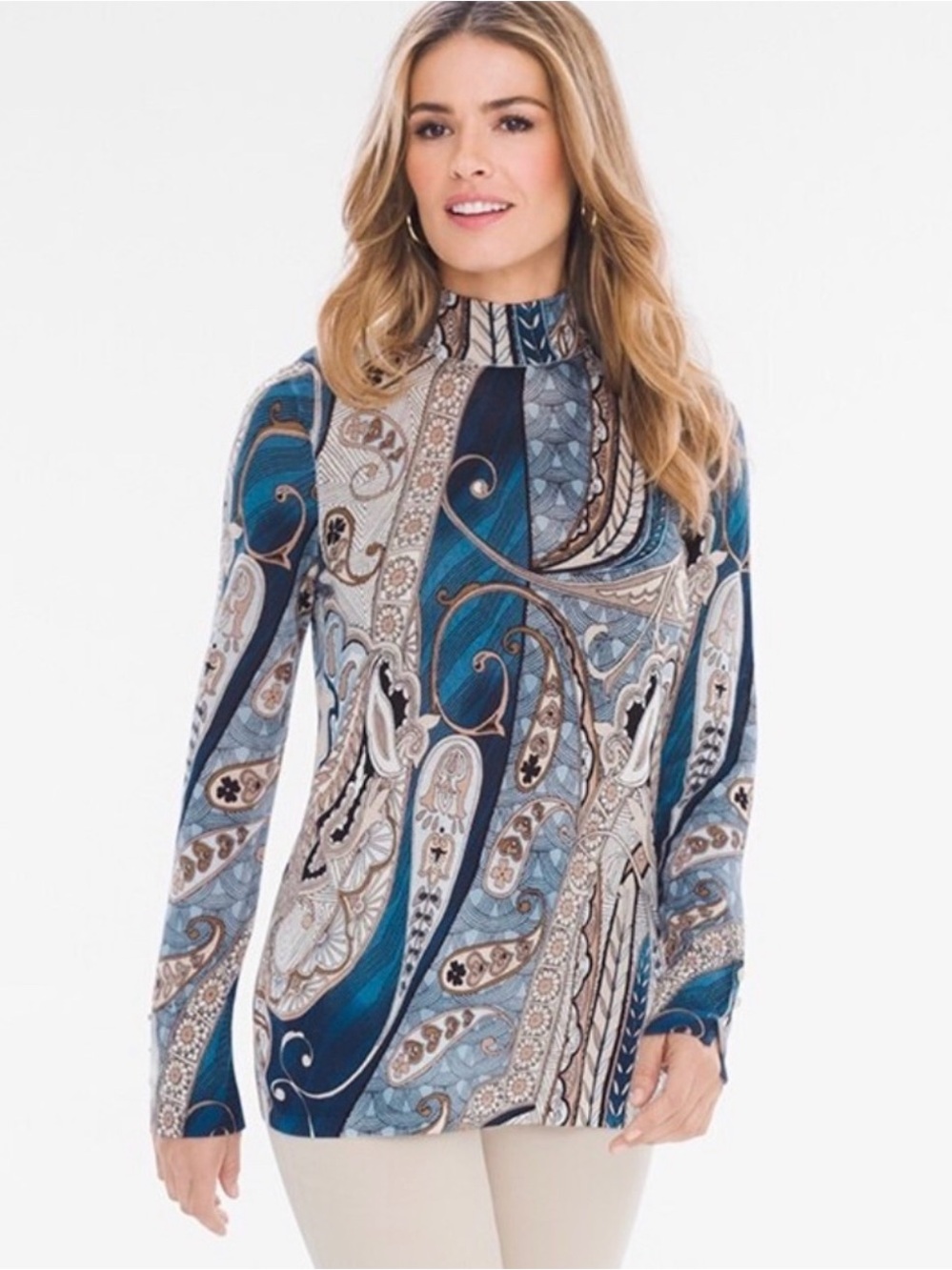 Chico's Blue and Cream Paisley Mock-Neck Long-Sleeve Long Sweater size Large